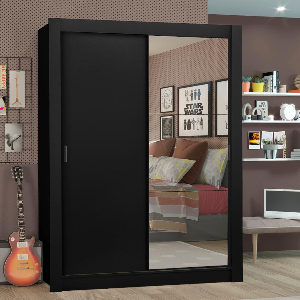 Guarda-Roupa Solteiro Madesa Denver 2 Portas de Correr com Espelho - Preto - Home & Living