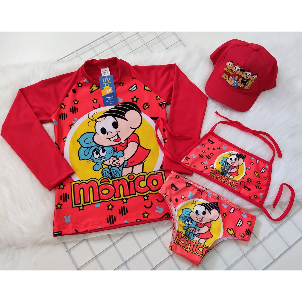 Biquini Infantil + Blusa Com Proteção Solar Infantil Uv 50 + Boné Kit Proteção Solar Infantil Completo