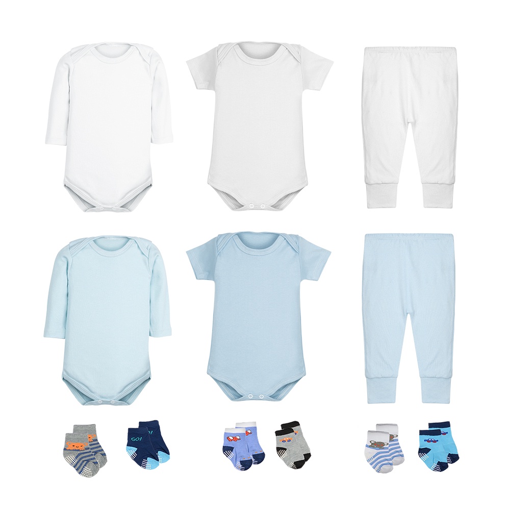 Kit 12 Peças Body Bebê Menino Longa e Curta Calça Mijão e Meias