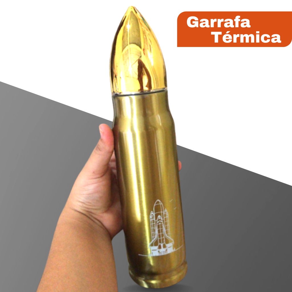 Garrafa Termica Inox 500ml em Formato de Bala De Fuzil Bullet Munição Projétil