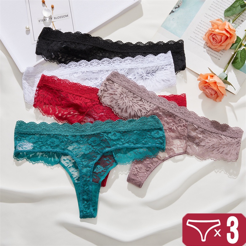 3 Pçs/Set Tangas De Renda Feminina G-String Roupa Interior Lingerie Sexy Tanga Para Calcinha T-Back Oco Fora Floral
