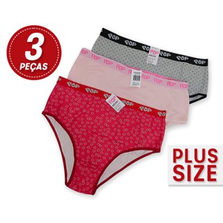 Kit 3 Calcinhas Algodão PLUS SIZE com Elástico no Cós Extra Grande EG Calcinha Plusize Estampadas Lisas Sortida