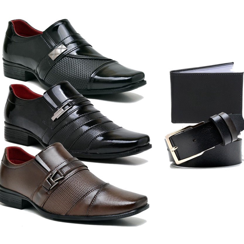 Kit 3 Pares de Sapato Social Masculino Preto e Marrom Fosco e Verniz Confortavel Cinto e Carteira