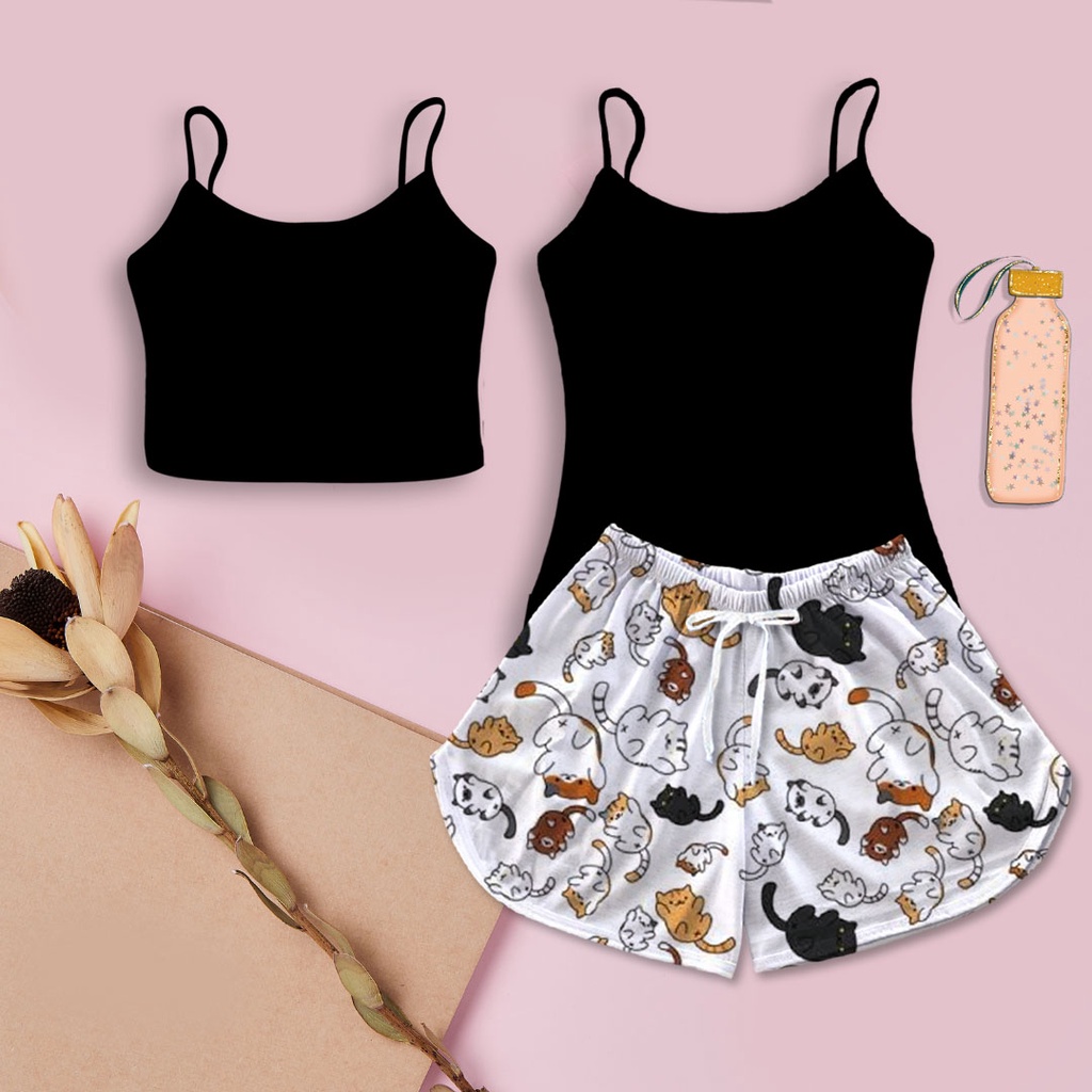 Kit Pijama Feminino Baby Doll Preto Gato e Cropped Preto
