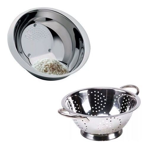 Kit Conjunto inox Escorredor De Massa e Macarrão 24cm com Alça + Lavador de Arroz 26cm