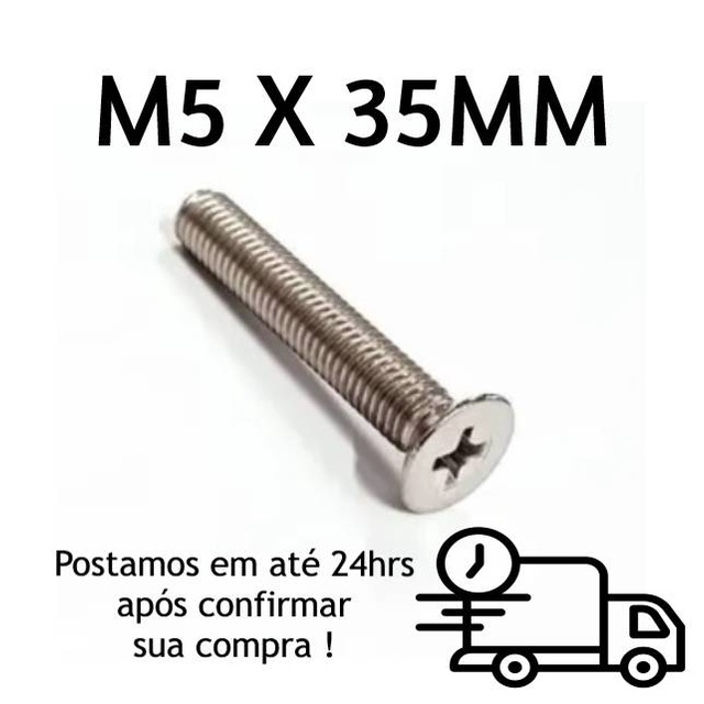 Parafuso Cabeça Chata Phillips M5 X 35mm Inox + Porca M5 Inox + Arruela M5 Inox