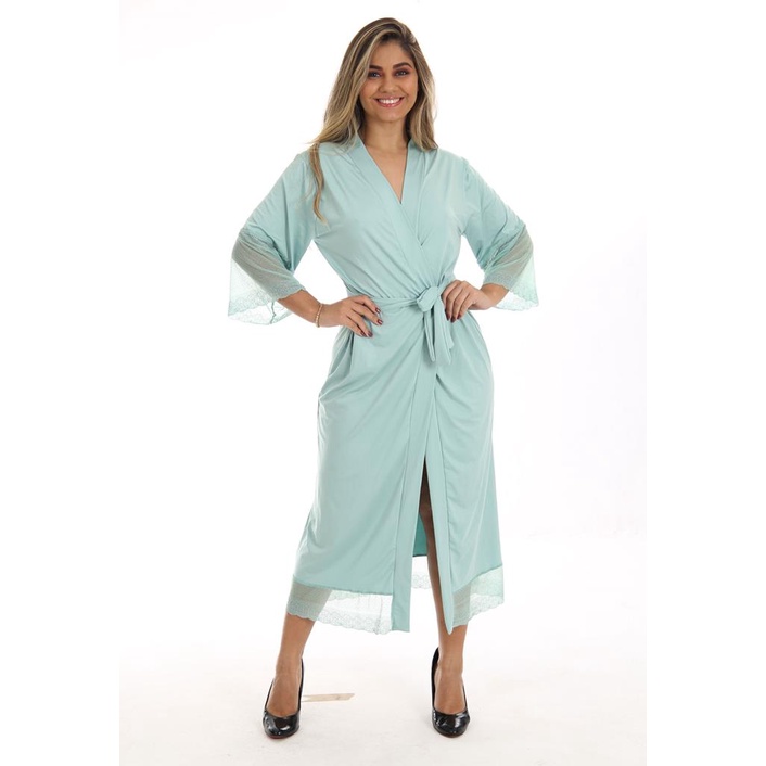 Robe Longo Feminino Luxo Manga 3/4 Microfibra com Renda Hobe comprido ...