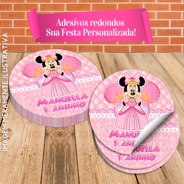 Adesivos Redondos Personalizados Minnie Realeza Rosa