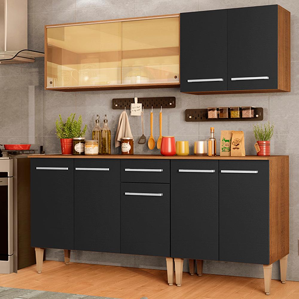 Cozinha Completa Madesa Emilly Drive com Balcão e Armário Aéreo Reflex - Rustic/Preto - Home & Living