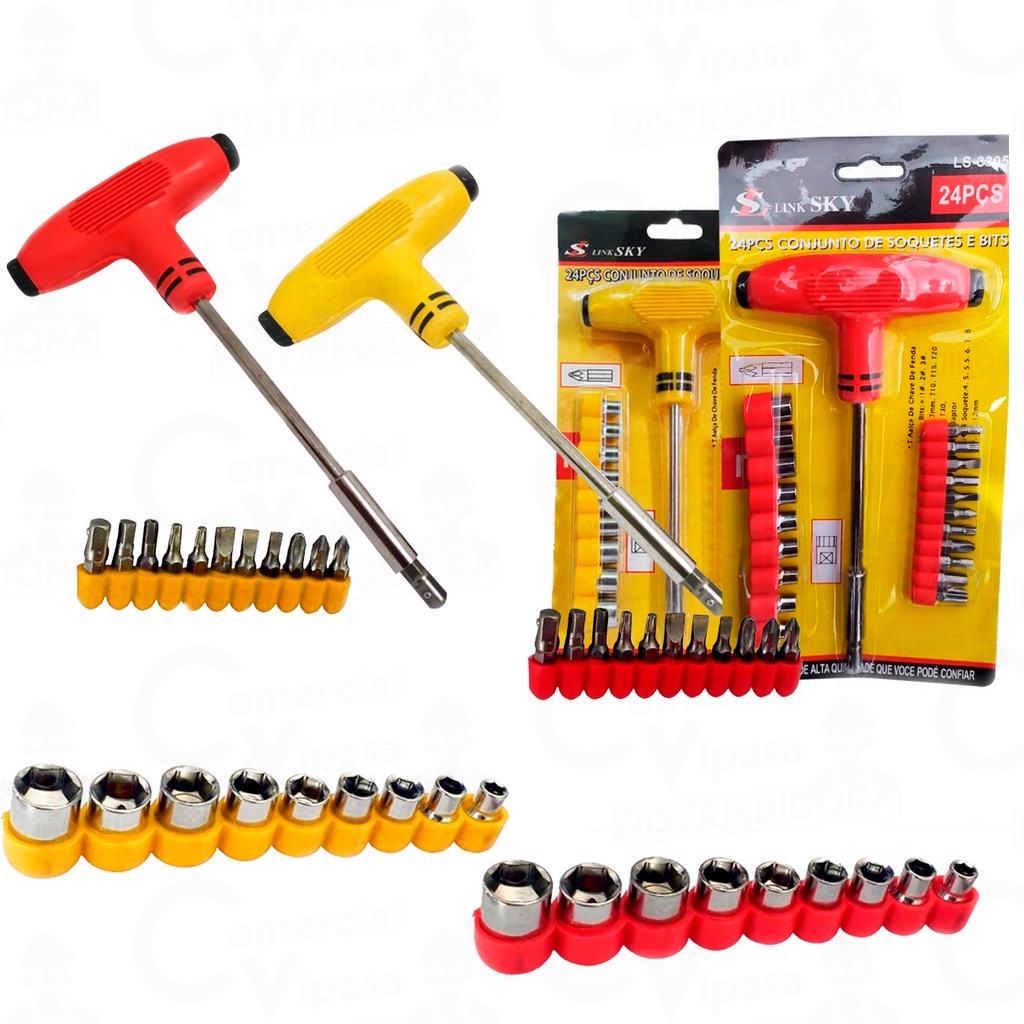 Kit Jogo Soquetes Ferramentas Chave Universal Boca T Fenda Philips 24 Peças