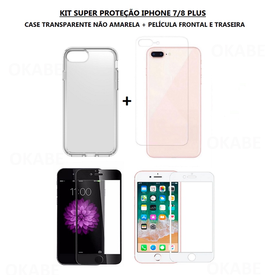 Kit Super Proteção Capa Anti-Shock + Película Frontal 3D + Película Traseira Compatível iPhone 7/8 PLUS