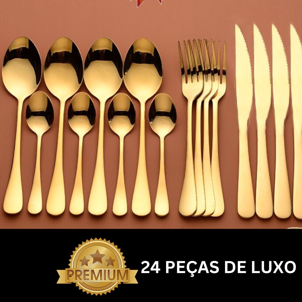 Talheres de Aço Inox 24 Peças  Dourada Garfo e Colher e Faca Faqueiro Jogo De Talheres 24 ...