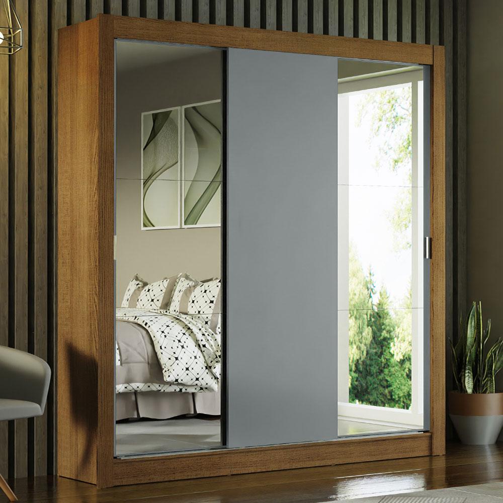Guarda-Roupa Casal Madesa Mônaco 3 Portas de Correr com Espelhos - Rustic/Cinza - Home & Living