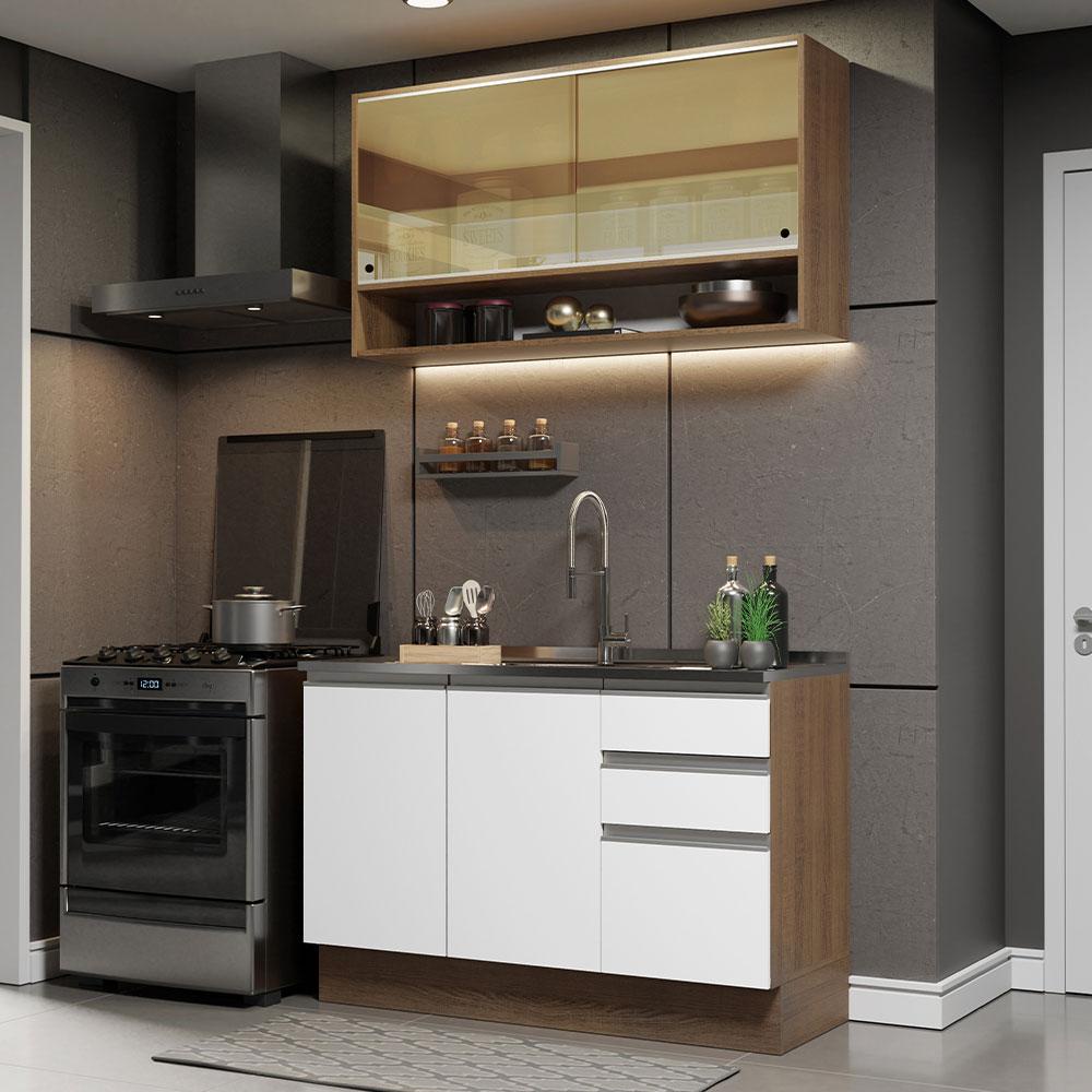 Armário de Cozinha Compacta 120cm Rustic/Branco Glamy Madesa 02 - Home & Living