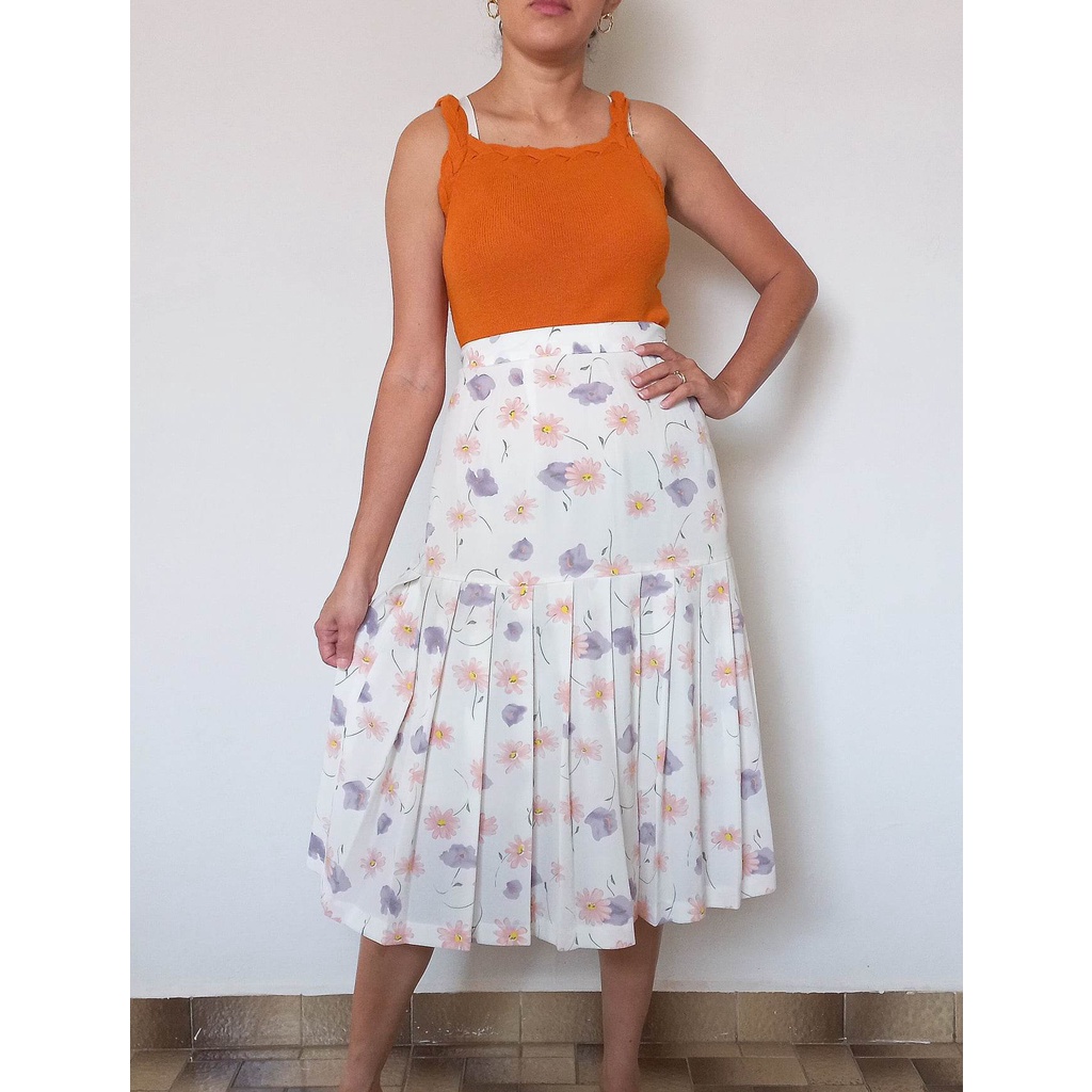 Saia midi vintage estampa floral feminina cintura alta tamanho G[brechó]LEIA A DESCRIÇÃO!