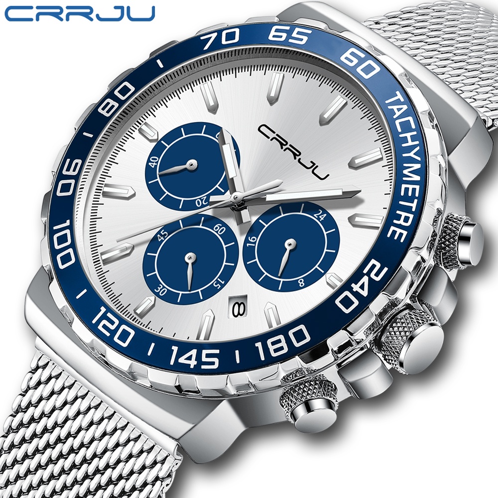 CRRJU Relógio masculino de aço inoxidável à prova d'água, quartzo, cronógrafo multifuncional 2300 X em Oferta na Shopee