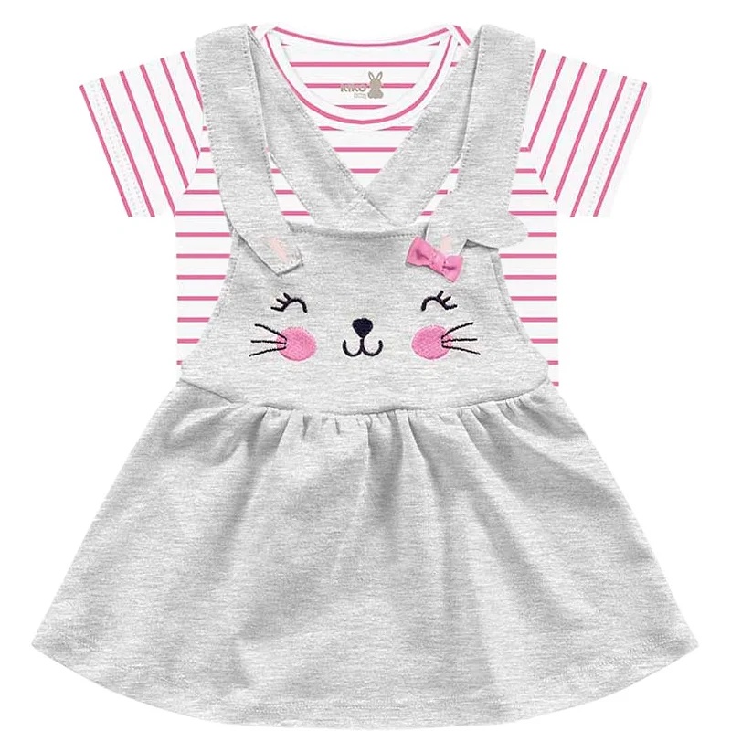 Roupa Infantil Body Listrado e Salopete Coelhinho Conjunto Kiko e Kika Manga Curta Modelo Menina