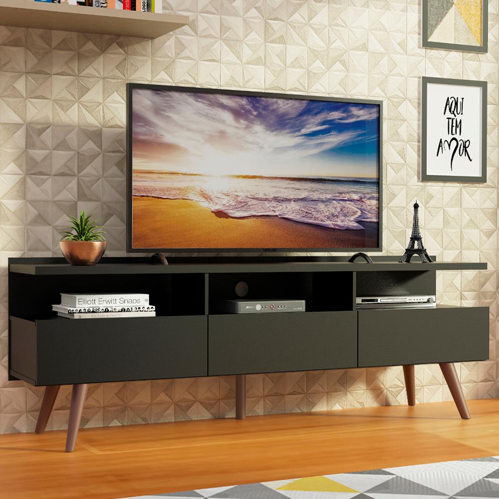Rack para TV até 65 Polegadas Madesa Madri com Pés de Madeira - Preto - Home & Living