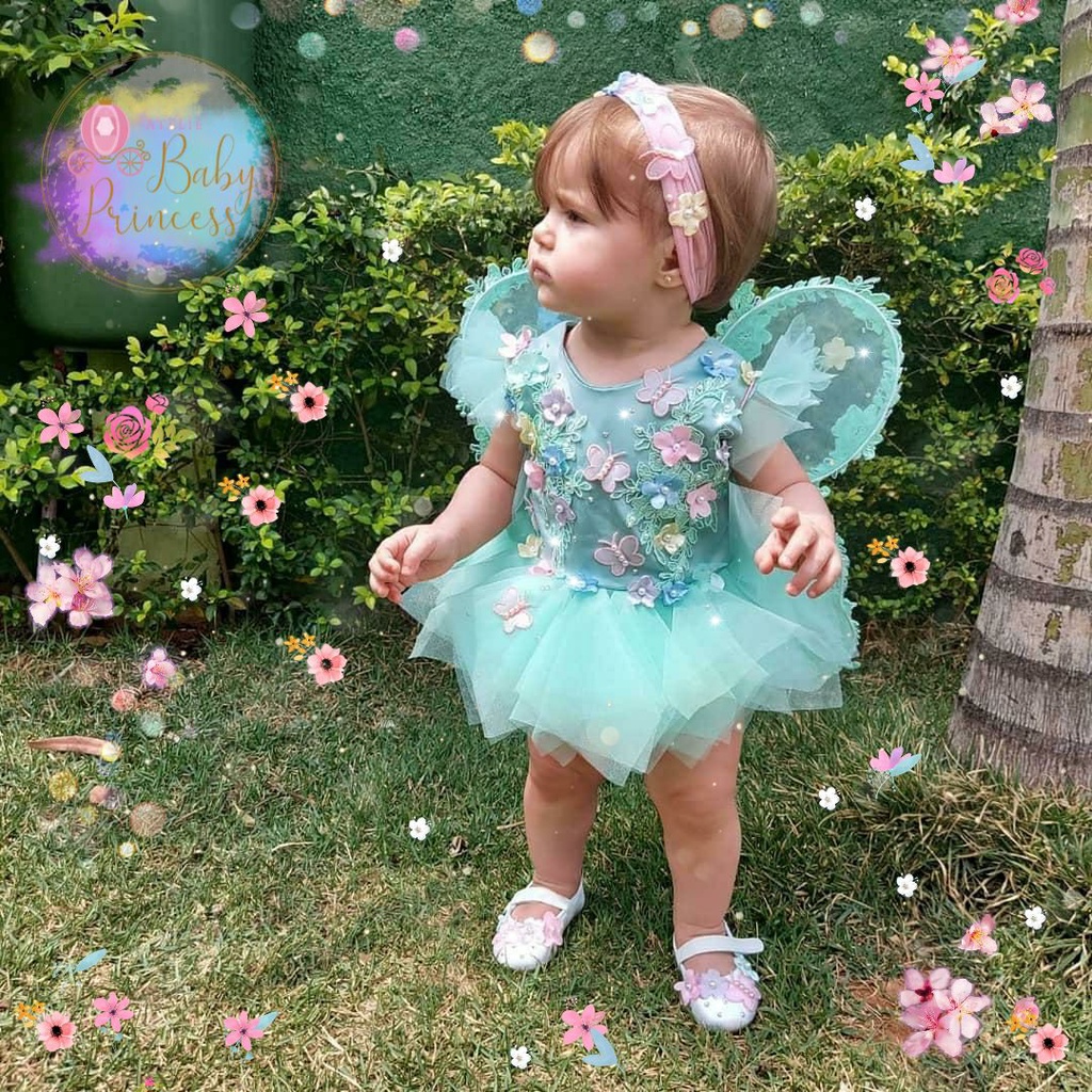 Vestido jardim encantado - Kit 3 peças Romper + Asa + Faixa. vestido de fada infantil romp...
