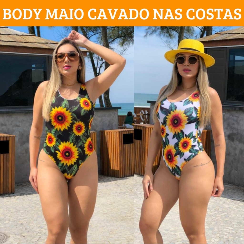 Body Maio Regata Elastico Cavado Nas costa Girassol - Suplex Estica Bastante - Serve 36 ao 42 Body praia Bori