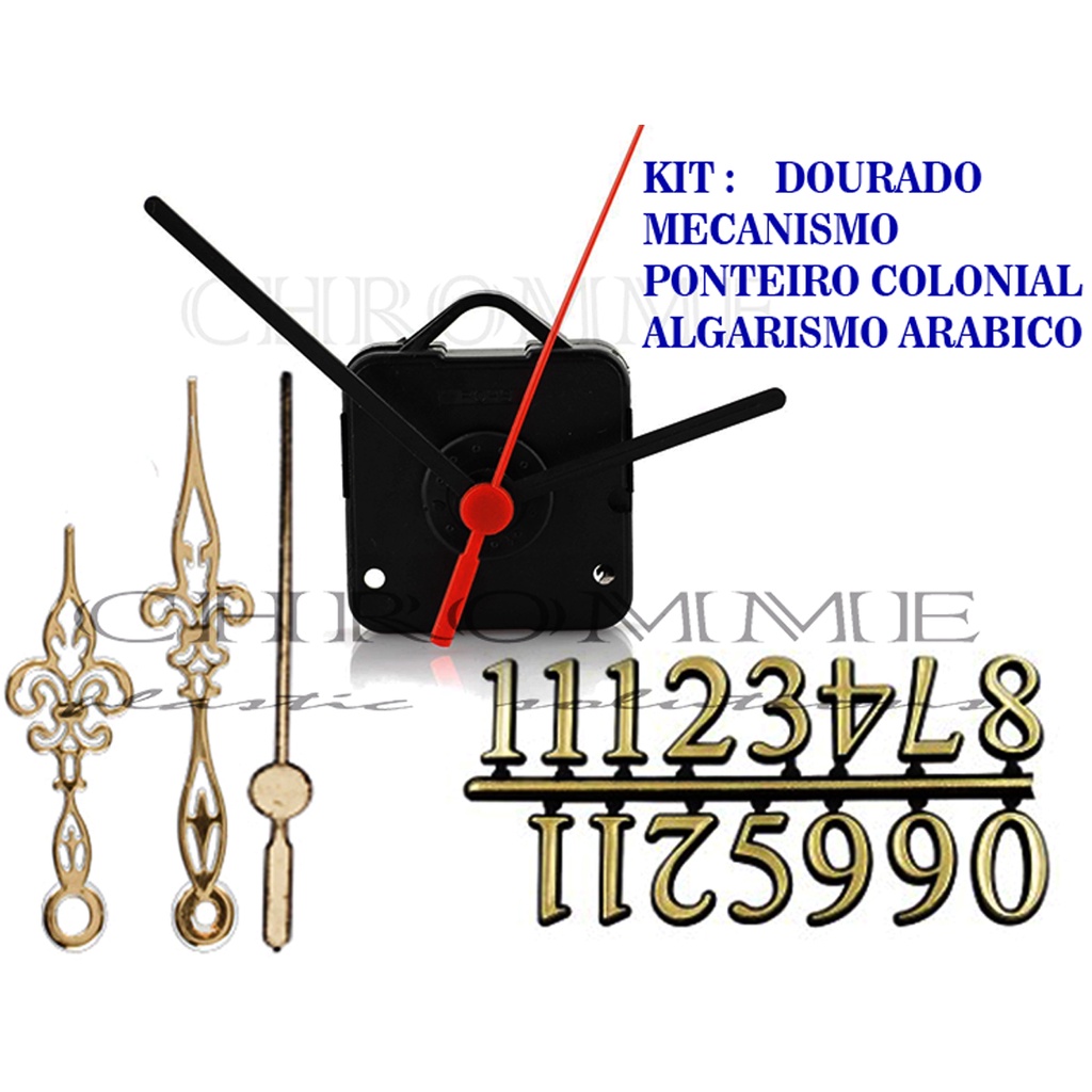 Kit de 3 Maquinas Eixo 22 mm Continuas Silenciosa Para Relógios + 3 Ponteiros Coloniais + 3 Números Arábicos Kit Dourado