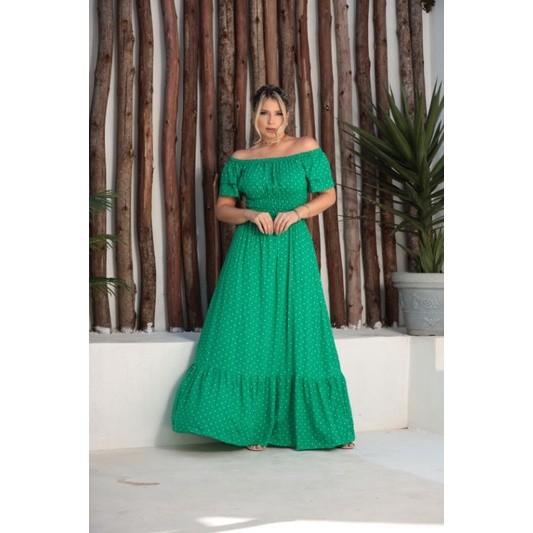 Vestido Longo Poa Verde bandeira Viscolinho Tendência Shopee Brasil