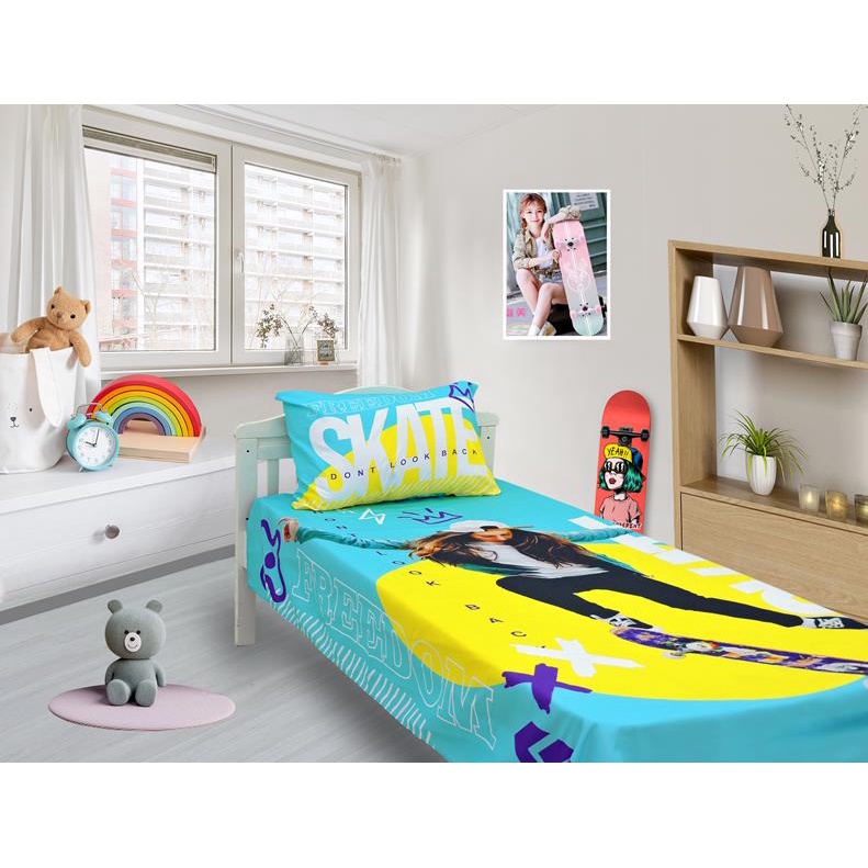 Jogo De Lençol E Fronha Skate Feminino Azul Kit 2pçs, Cobreleito