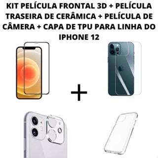 KIT PELÍCULA FRONTAL DE VIDRO 3D + PELÍCULA TRASEIRA DE CERÂMICA + PELÍCULA DE CÂMERA 3D + CAPA DE TPU PARA LINHA DO IPHONE 12 em Oferta na Shopee