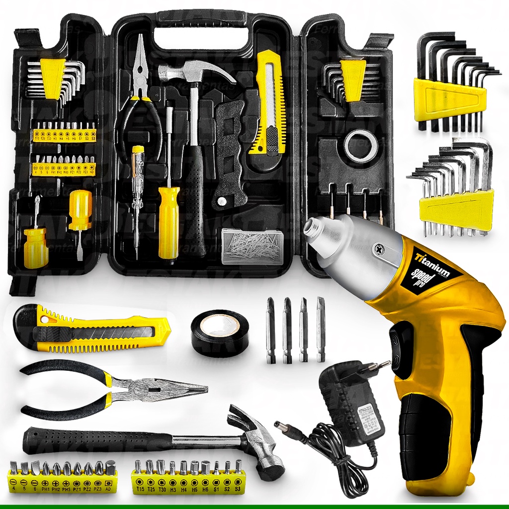 Parafusadeira Elétrica Led 4.8V Com Kit Ferramentas Maleta 200 Peças Com Jogo Soquete Sextavado