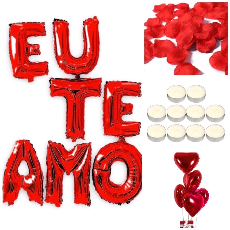 Kit Decoração Romântica 300 Pétalas 10 Velas 4 Balões + Balão Eu Te Amo