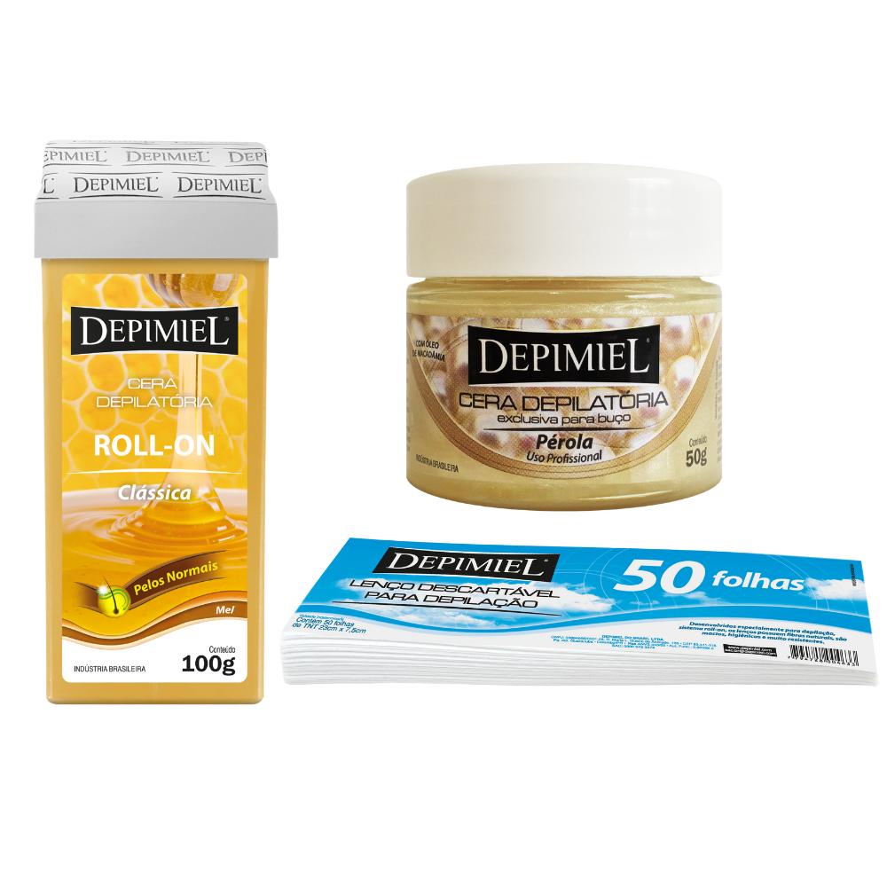 Kit Cera Roll-on Clássica + Buço+ Lenço Depilatório Depimiel em Oferta na Shopee