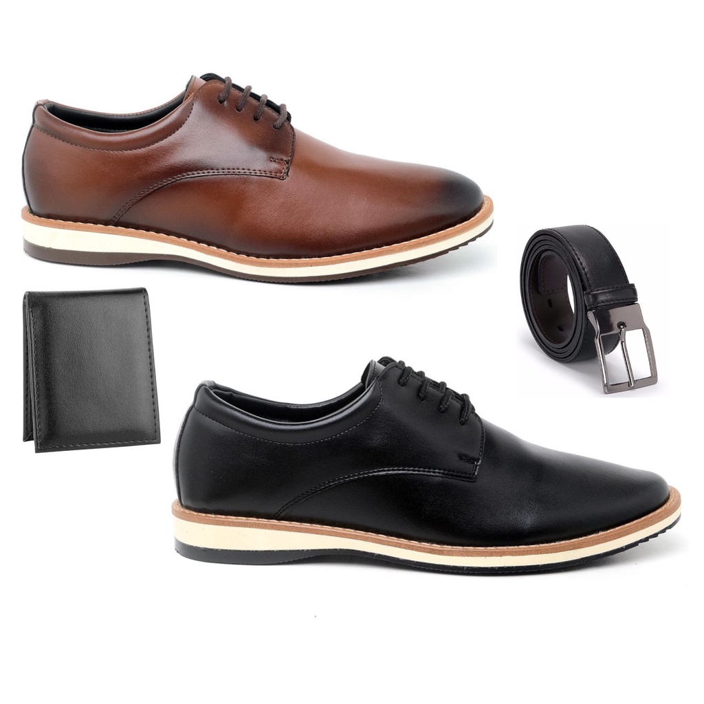 Kit 2 Pares Sapato Derby Masculino Cinto Carteira Preto Marrom Confortavel Sapatenis Traba...