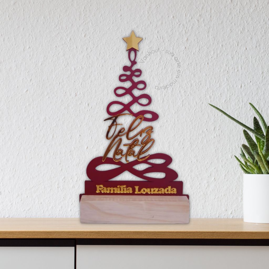 Enfeite de natal Arvore de mdf com base em madeira e acrilico para decoracao de casa e festa.