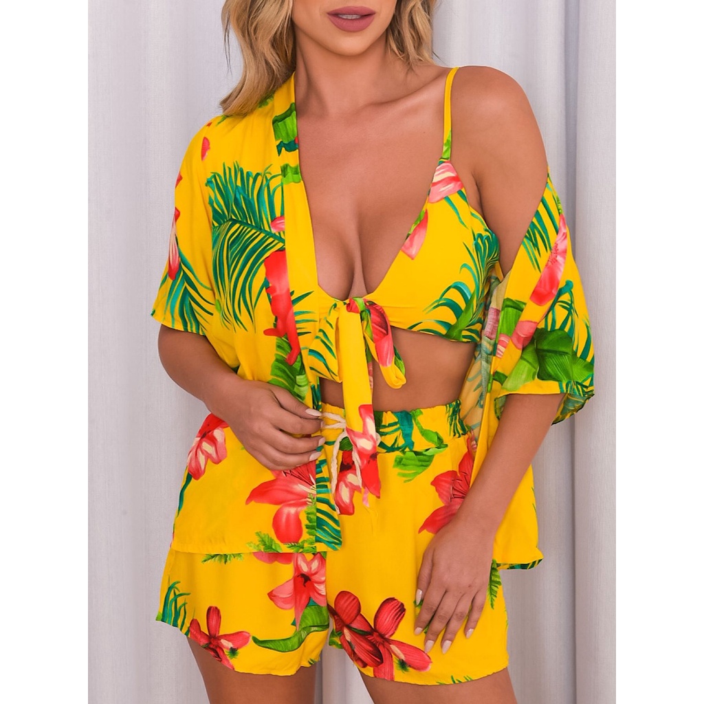 conjunto Feminina (kimono+short+cropped) Estampas Florais
