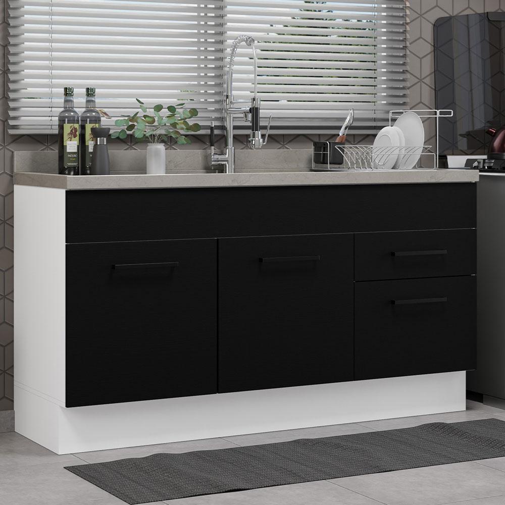 Balcão Gabinete de Pia Cozinha 150 cm 2 Portas 2 Gavetas (Sem Tampo e Pia) Branco/Preto Agata Madesa