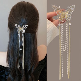 Grampo De Cabelo Coreano Alloy Butterfly Pearl Rhinestone Hair Clip Claw Mulher Cristal Corrente Tassel Hairpin Acessórios