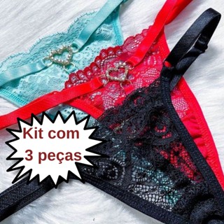 kIT COM 3 Calcinha de renda com pingente de coração tanga lingerie sexy sensual FIO DENTAL