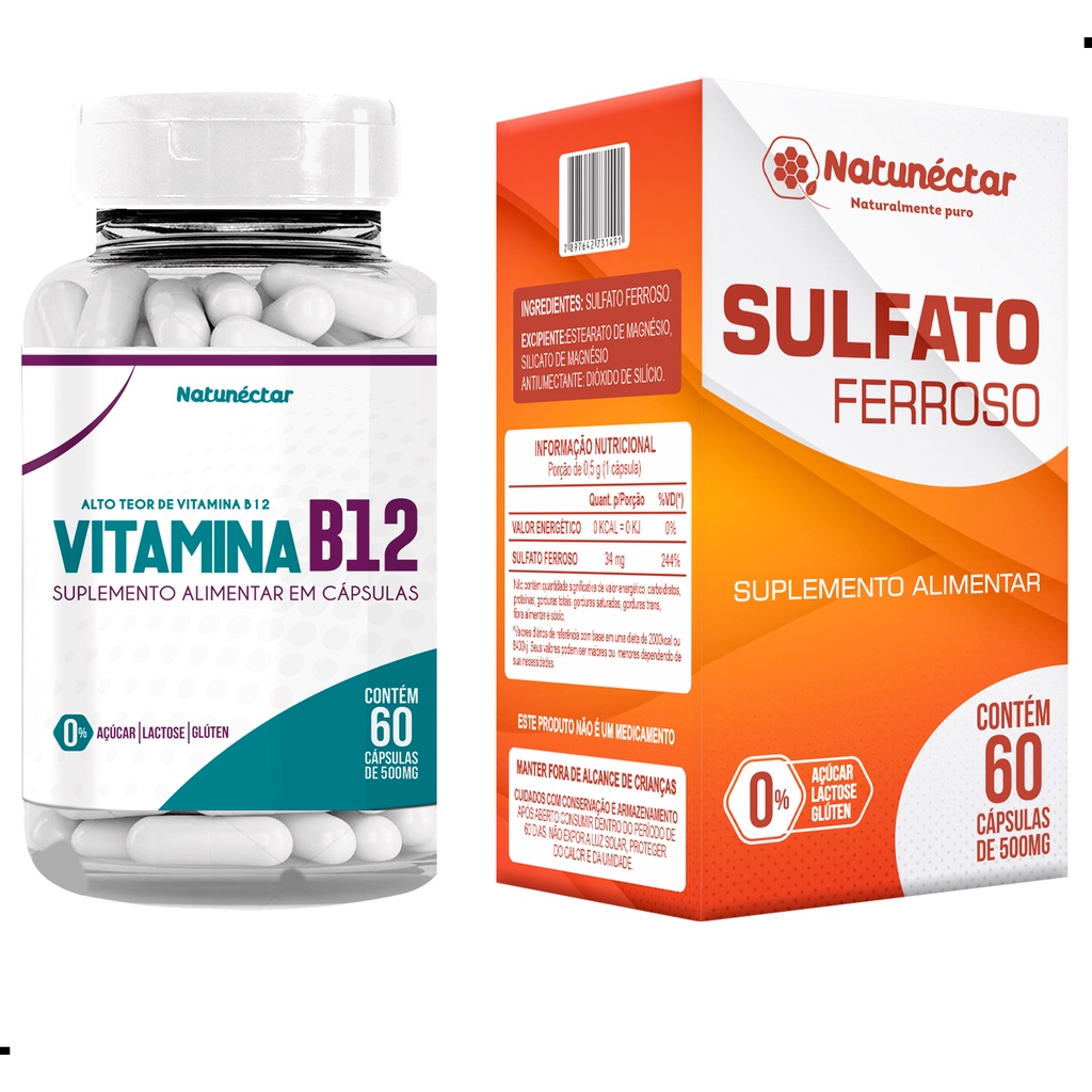 Kit Combate Anemia Ferro + Vitamina B12 Homem Mulher 500mg