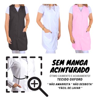 Jaleco Acinturado FEMININO SEM MANGA regata oxford Preto Rosa Branco professora manicure enfermagem basico
