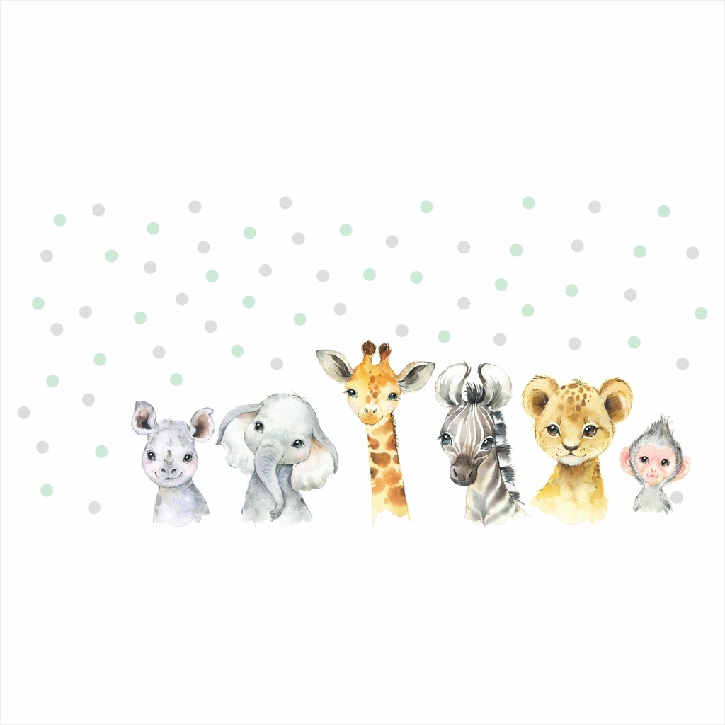 Adesivo Parede Infantil Safari Animais Aquarela Realista E Bolinhas Quarto de Bebê