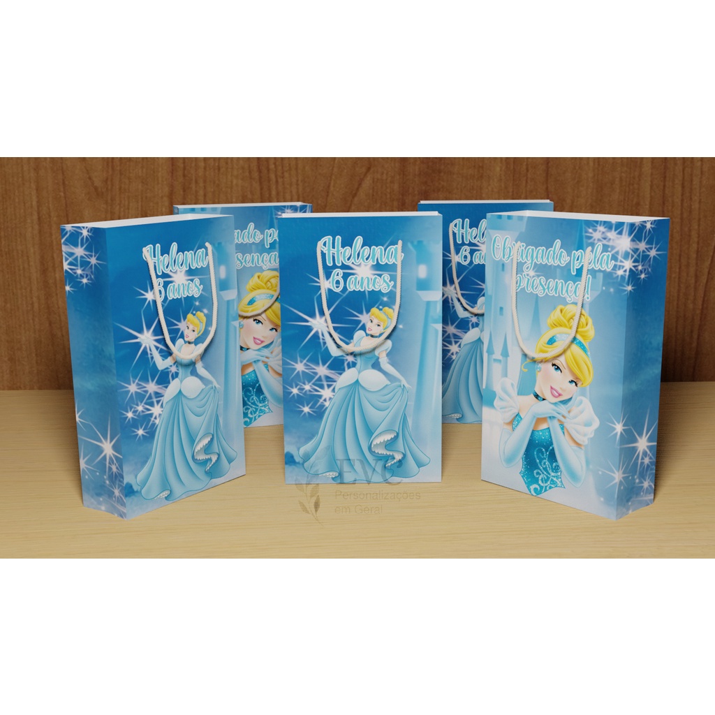 Kit Sacolinha Surpresa Personalizada Cinderela - 17x10x4cm - Papel Offset Fosco 180g