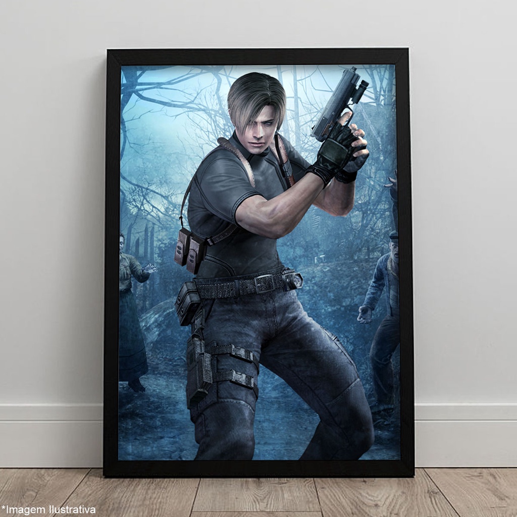 Quadro Resident Evil 4 Leon Kennedy Jogo Geek Gamer Pôster C/ Moldura 45x33 A3