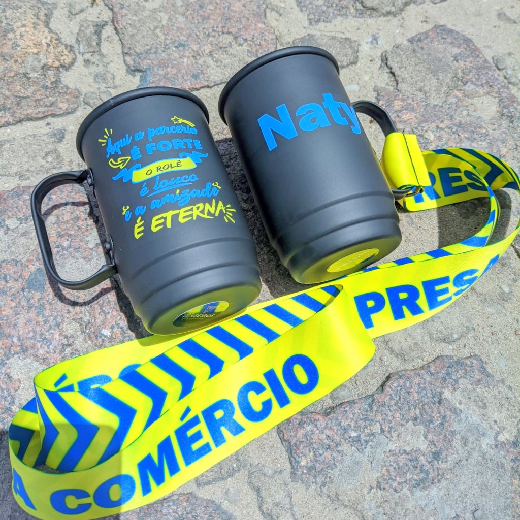 Kit 2 Canecas de aluminio personalizadas - Caneca de alumínio personalizado com tirantes + nome + Frase