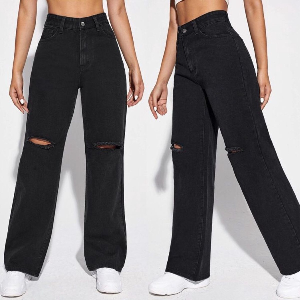 Calça Jeans Feminina Wid Leg Preta Rasgada no Joelho Pantalona Jeans
