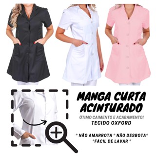 Jaleco Acinturado FEMININO MANGA CURTA Oxford Manga Curta Preto Rosa Branco Melhor preço estetica manicure salão