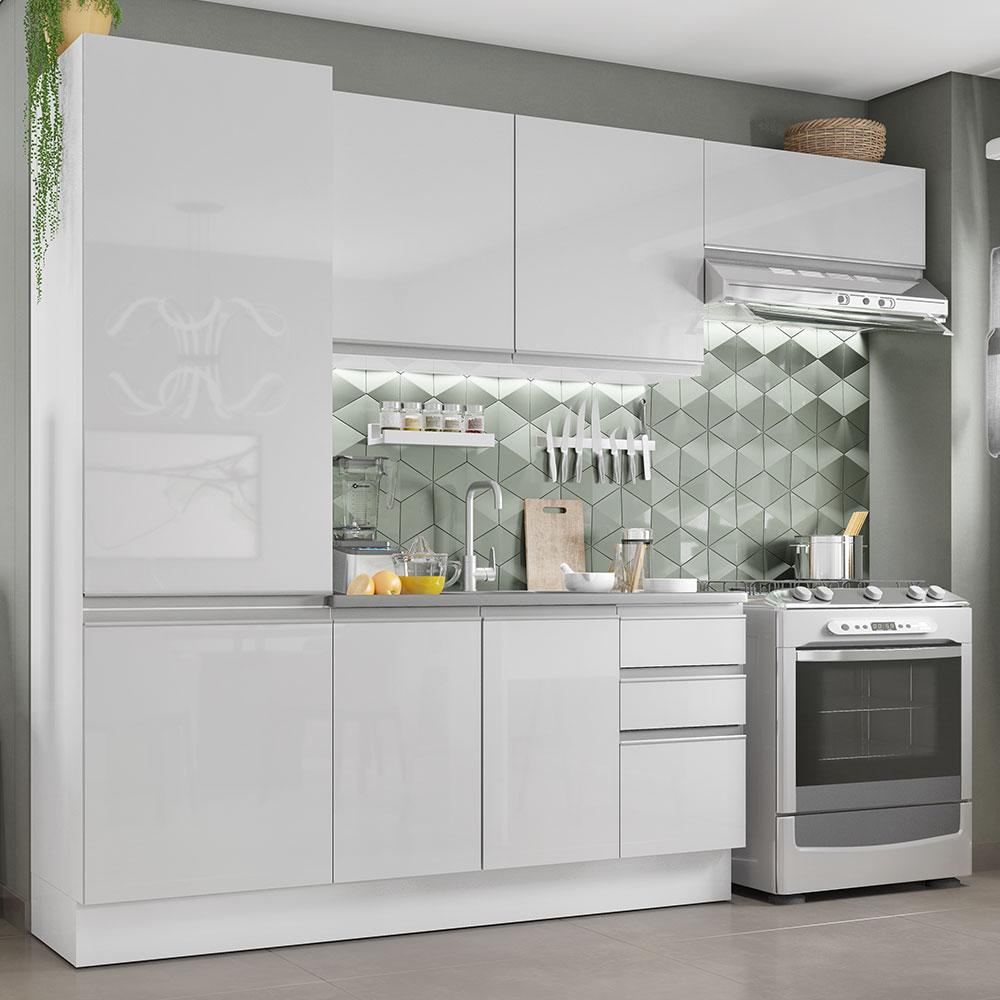 Armário de Cozinha Compacta 100% MDF 260cm Portas Branco Brilho Acordes Madesa 02 - Home & Living