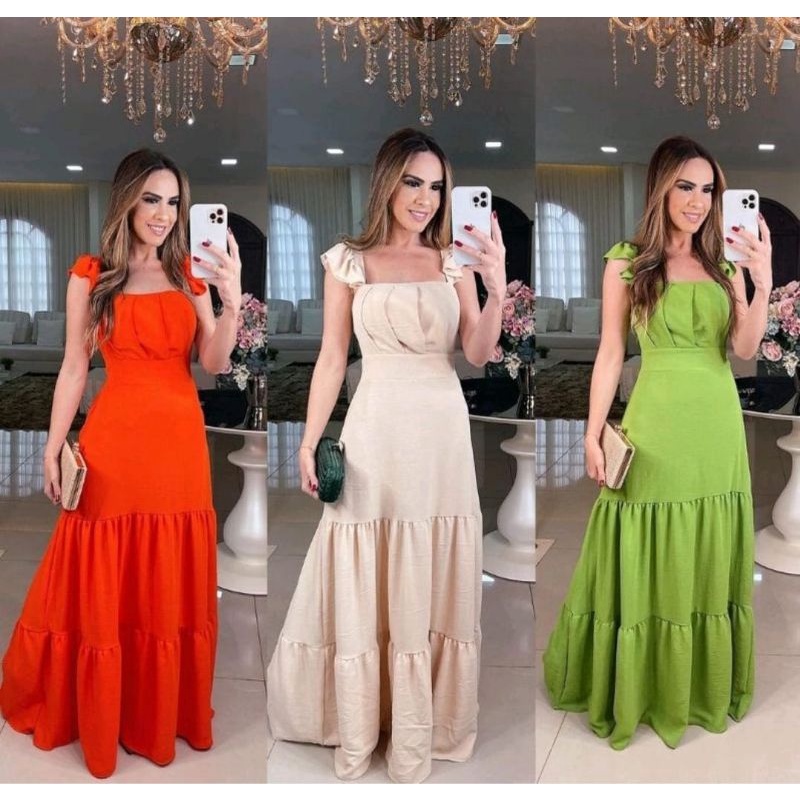 Vestido Feminino Longo Drapeado Com Bojo Alça Babado Duna Luxo Festa Natal Ano Novo