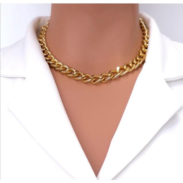 Colar Choker Corrente Grossa Elos Grande Duplo Grumet Feminino Folheado 18k Dourado Moda Luxo Blogueira