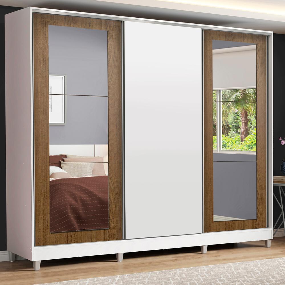Guarda-Roupa Casal Madesa Eros 3 Portas de Correr com Espelhos com Pés - Branco/Rustic/Branco - Home & Living