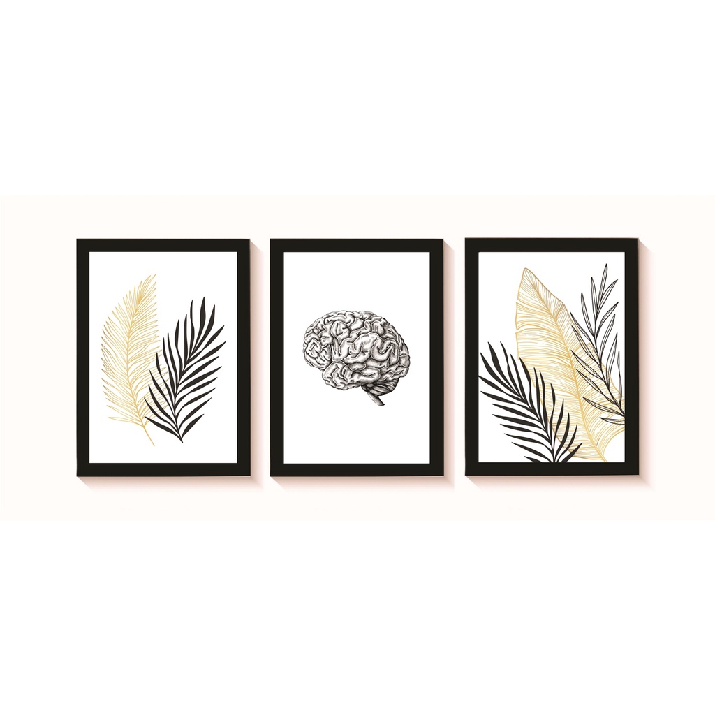Kit 3 Quadros Decorativos Cérebro Folhas Neurologia Psiquiatria Psicologia Medicina Consultório Molduras 20x30cm